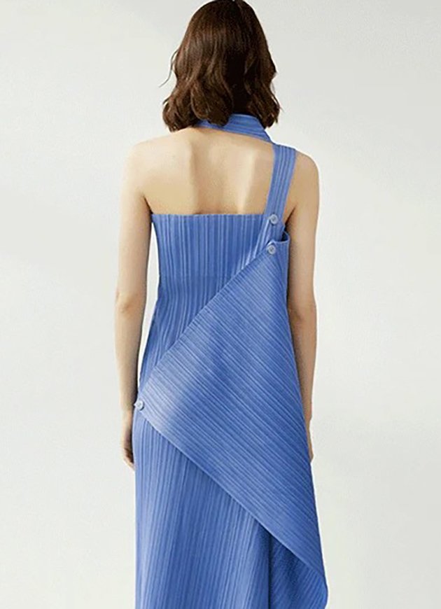 Pleated Halter Blue Dress