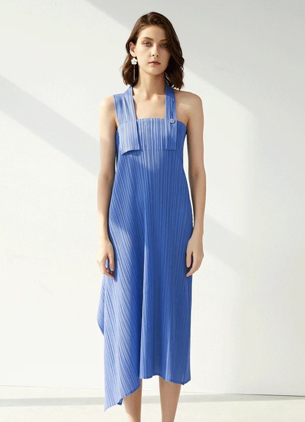 Pleated Halter Blue Dress