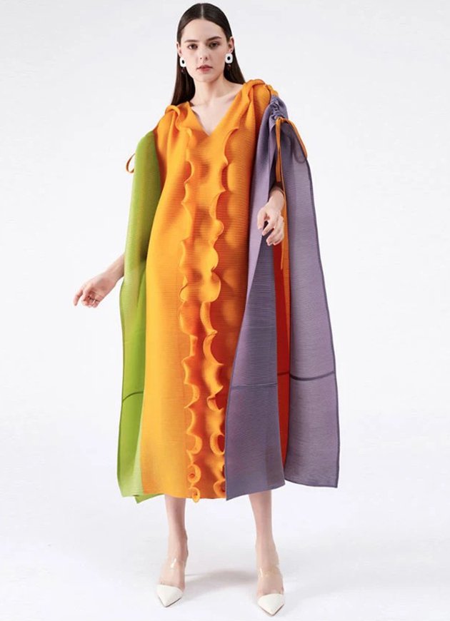 Color-Block Ruffled Pleated Maxi Dress