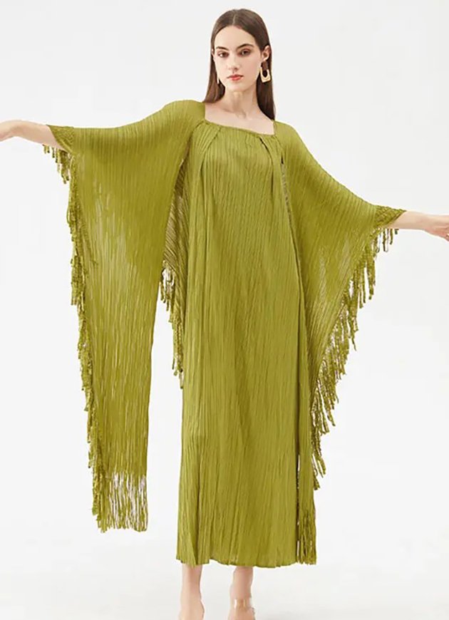 Pleated Square Neck Fringed Maxi Dress