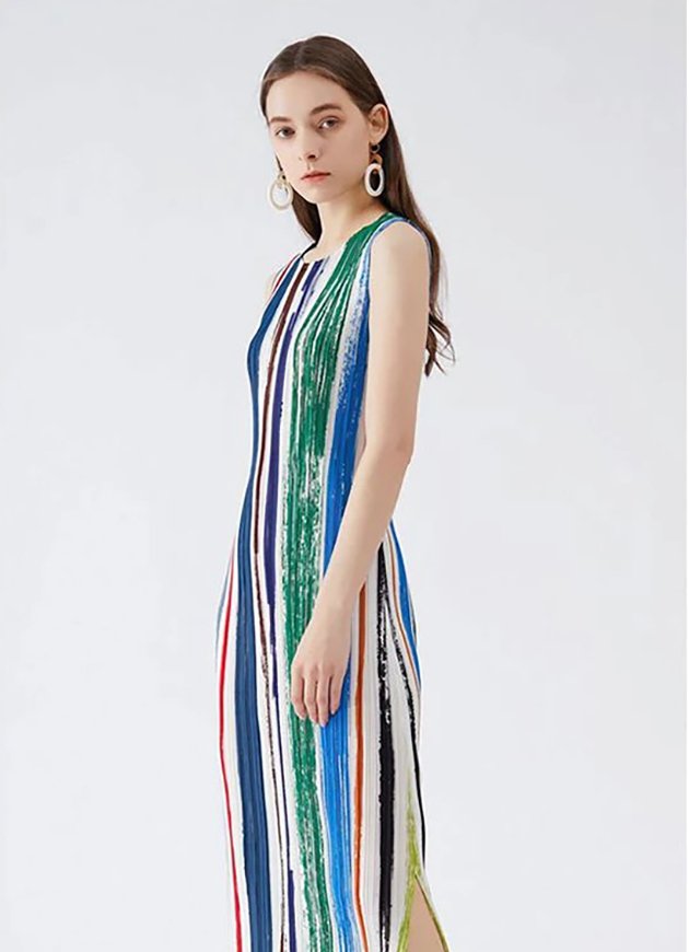 Vibrant Striped Pleated Dress