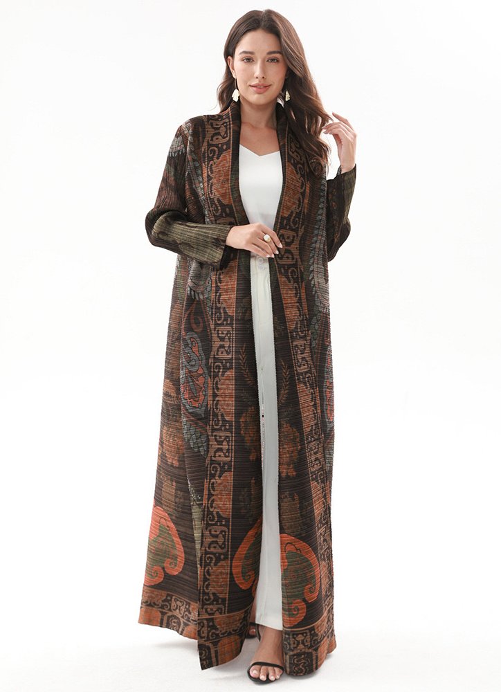 Ethnic Print Pleated Maxi Abaya Coat