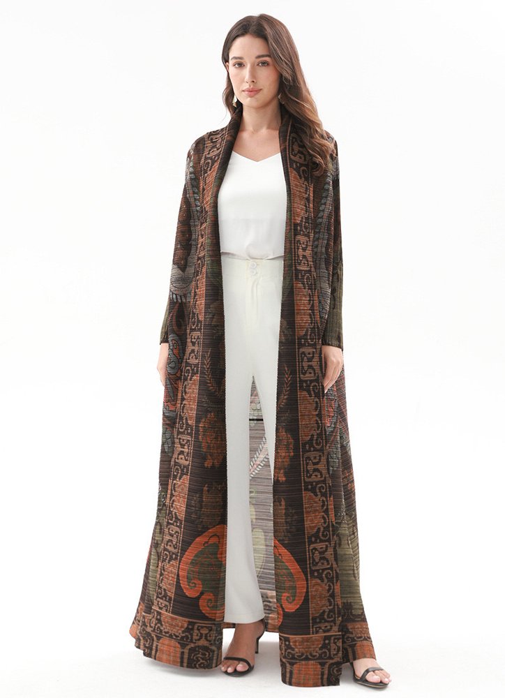 Ethnic Print Pleated Maxi Abaya Coat