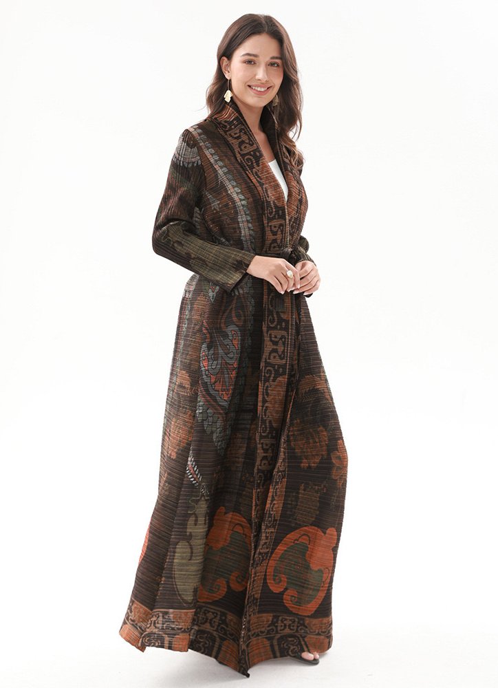 Ethnic Print Pleated Maxi Abaya Coat