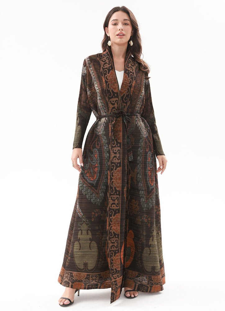 Ethnic Print Pleated Maxi Abaya Coat