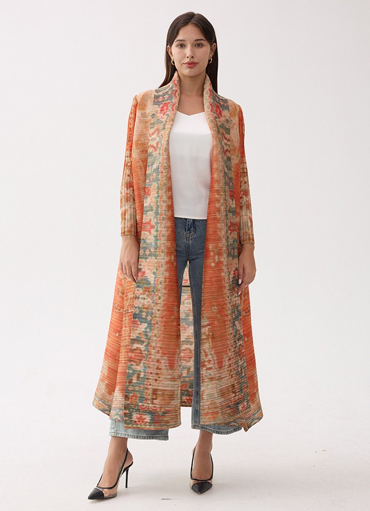 Ethnic - Patterned Pleated Longline Coat