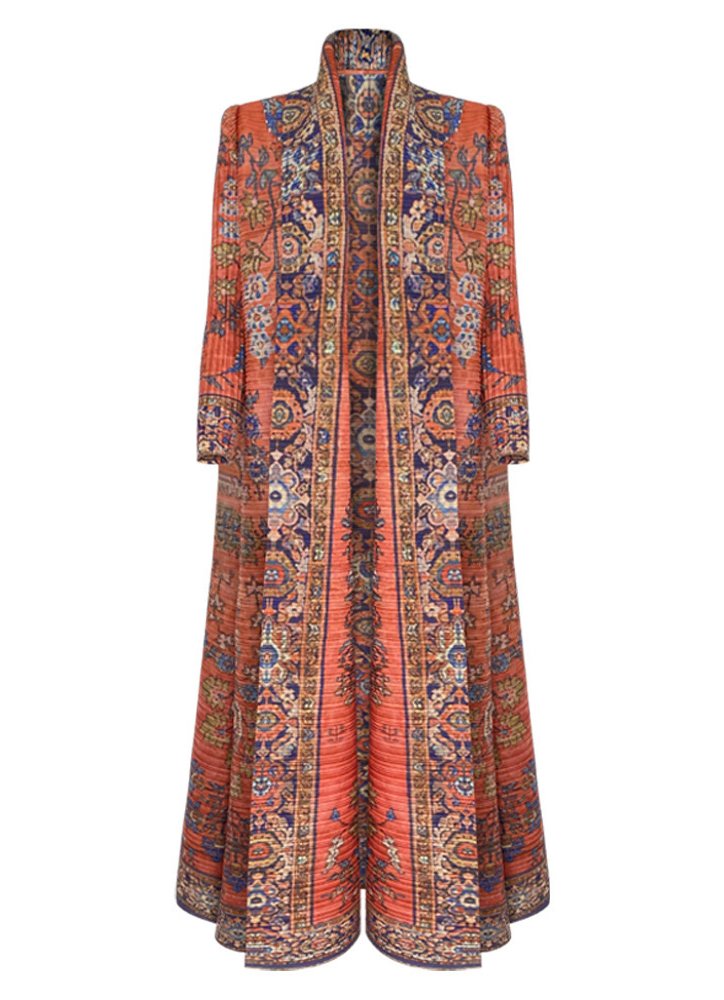 Ethnic - Patterned Pleated Maxi Coat