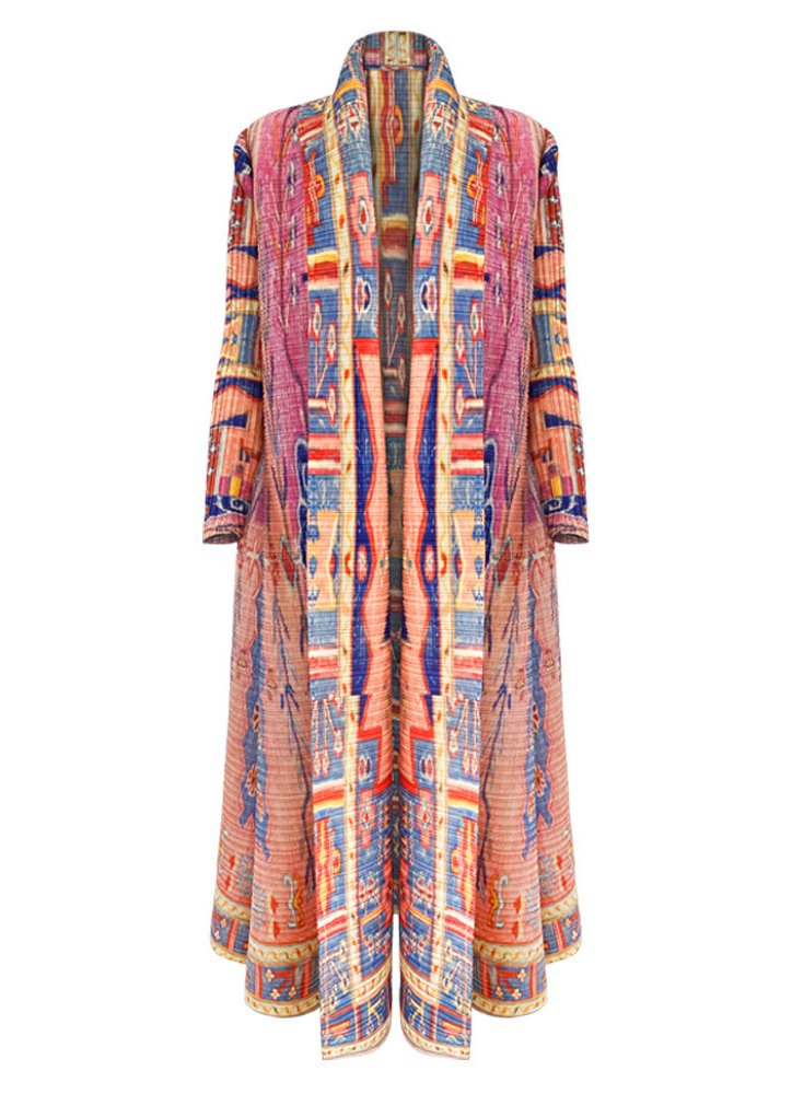 Ethnic - Patterned Pleated Maxi Coat